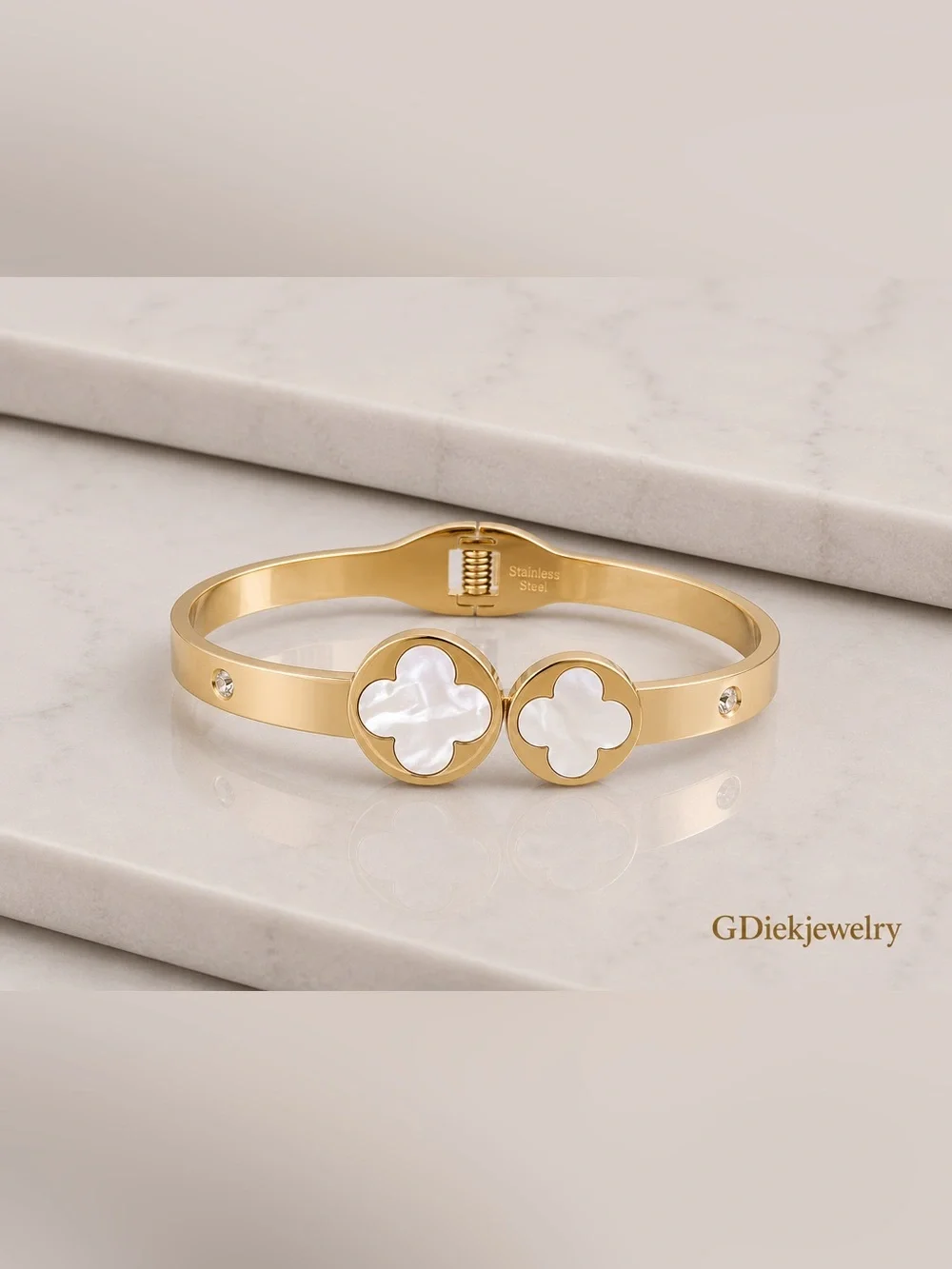 Stainless Steel Bangle with White Mother-of-Pearl Clover